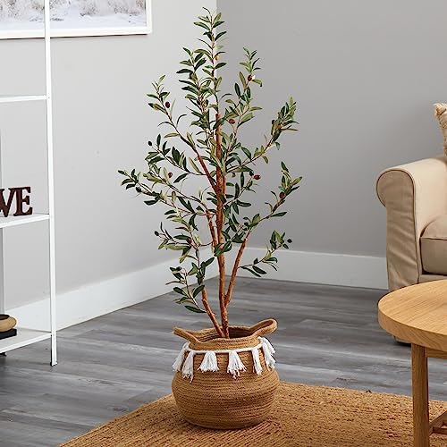 Nearly Natural 35ft Artificial Olive Tree with Jute Cotton Basket and Tassels
