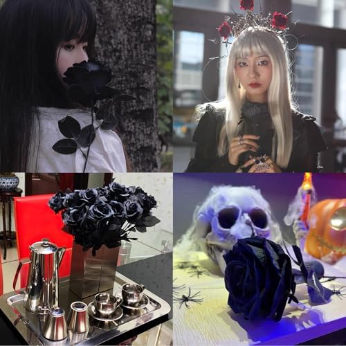 12 Pcs Black Roses Artificial Flowers with Long Stem