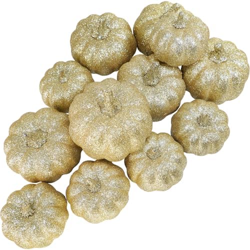 Winlyn 12 Pcs Champagne Glitter Artificial Pumpkins Fall Decor