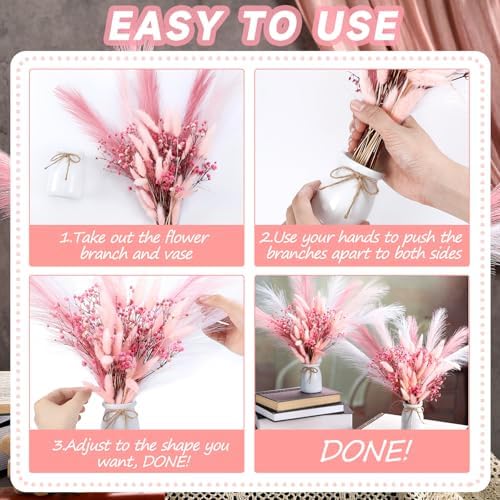 Geelin 2 Set Pink Flowers Artificial Faux Pampas Grass Bouquets with White Vase