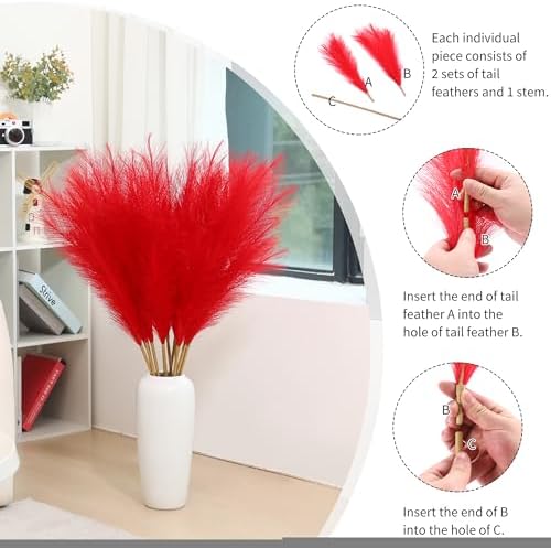 9 Stems Red Pampas Grass - 38 Inch Tall Artificial Decor
