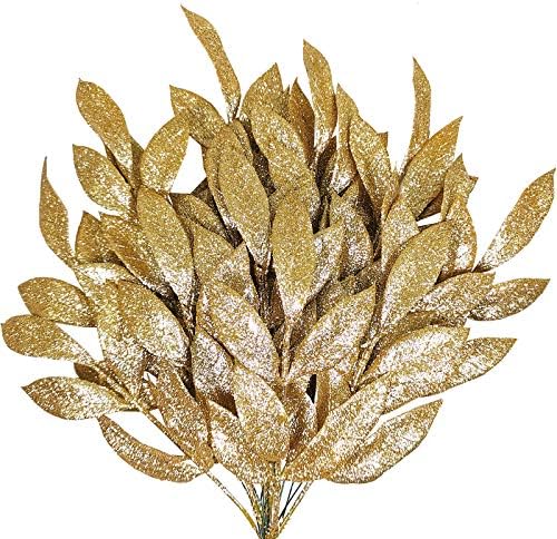 20 Pieces Gold Glitter Artificial Leaf Spray Picks 12 Inch Tall