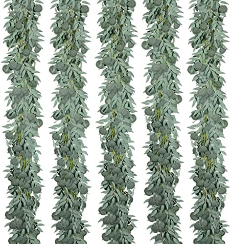 Kisflower 5 Pack Green Eucalyptus Garland with Willow Leaves