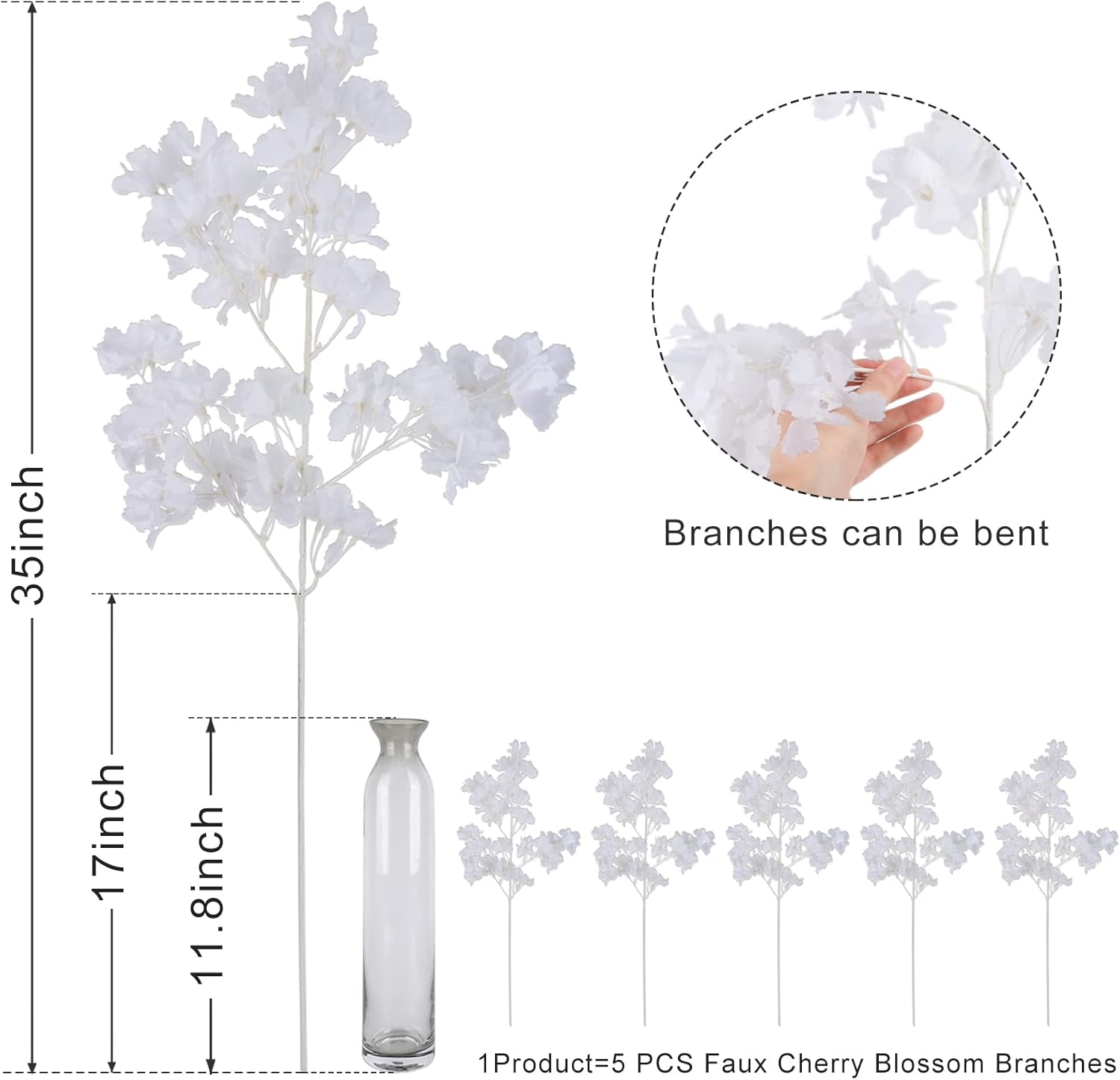 Pusuny Artificial Cherry Blossom Branches 35 Inch 5PCS Decor