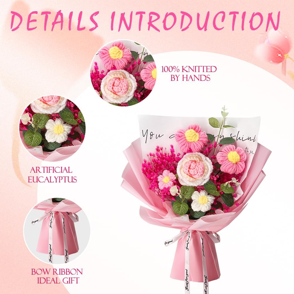 Handmade Crochet Flower Bouquet with Rose and Gypsophila