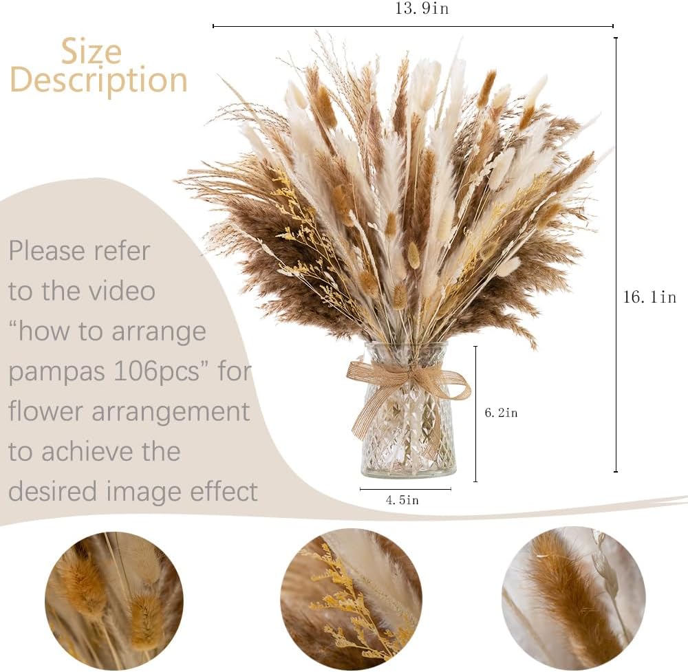106pcs Dried Pampas Grass Bouquet with Vase