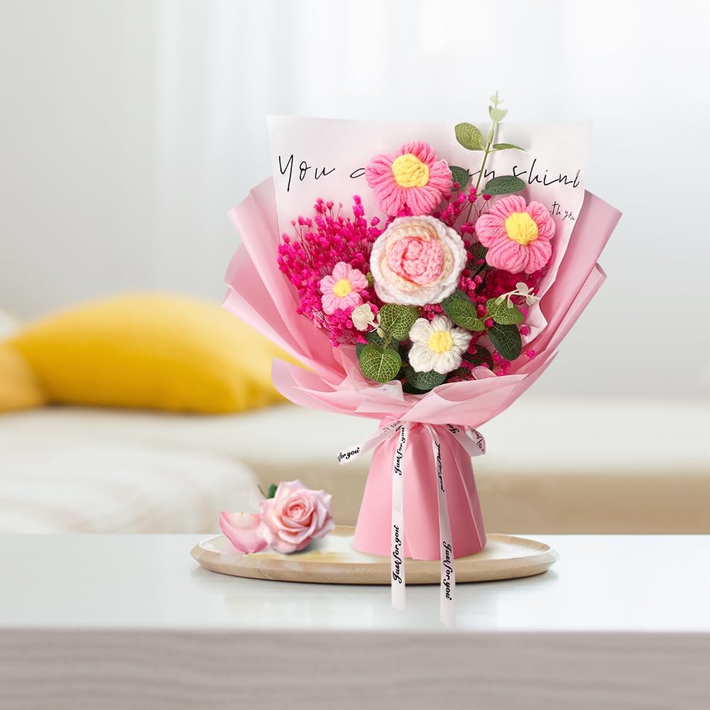 Handmade Crochet Flower Bouquet with Rose and Gypsophila