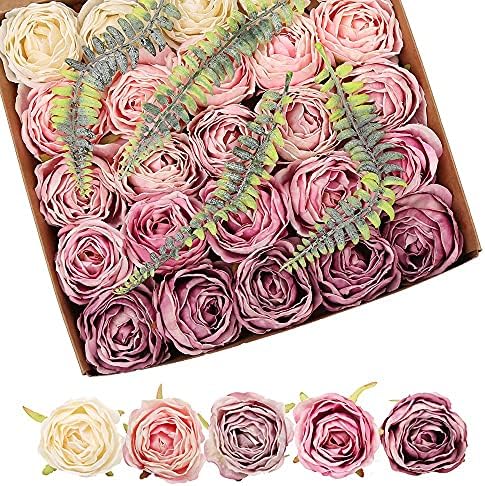 IPOPU Purple and Light Pink Dried Silk Roses 25PCS