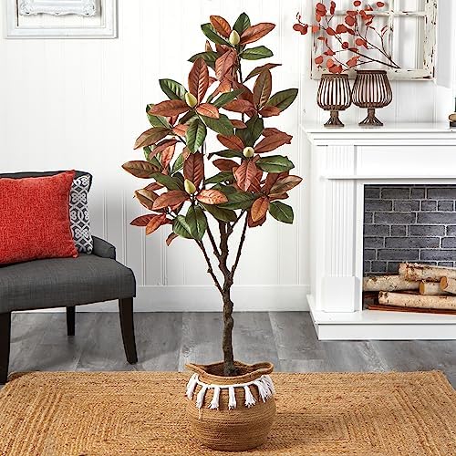 Nearly Natural 5ft Artificial Fall Magnolia Tree with Jute and Cotton Basket