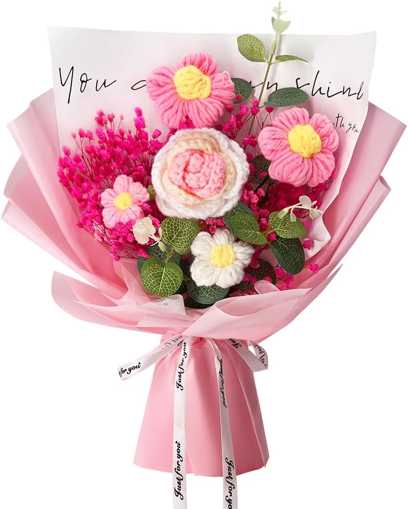 Handmade Crochet Flower Bouquet with Rose and Gypsophila