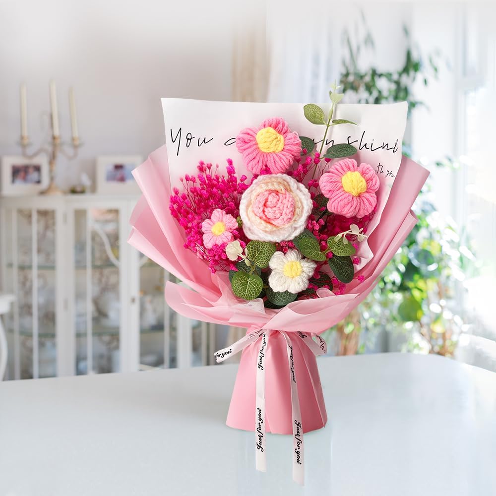 Handmade Crochet Flower Bouquet with Rose and Gypsophila