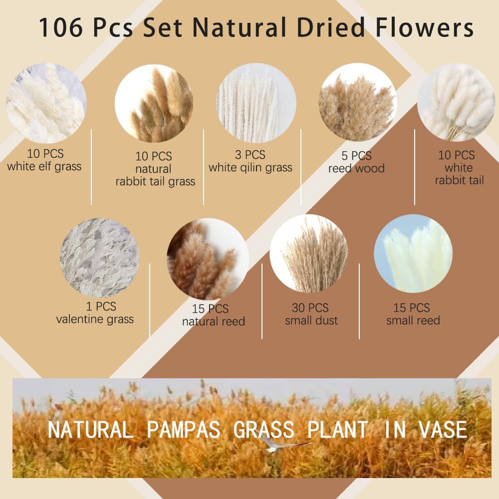 106pcs Dried Pampas Grass Bouquet with Vase
