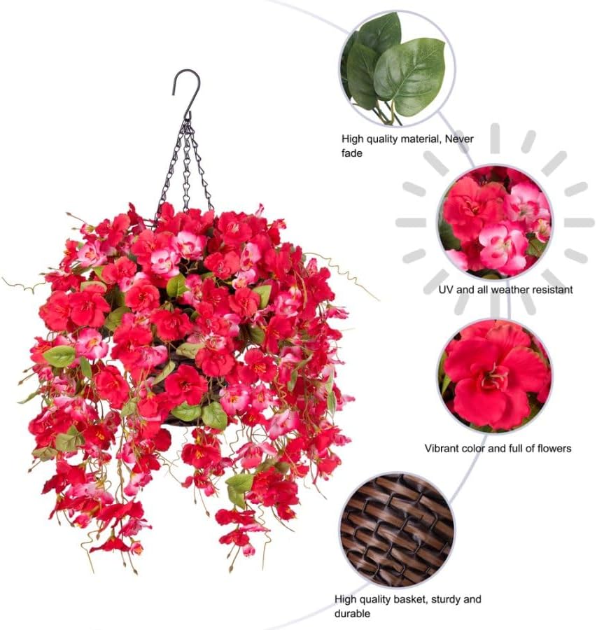 HyeFlora Fake Hanging Hibiscus Flower Basket RedPink
