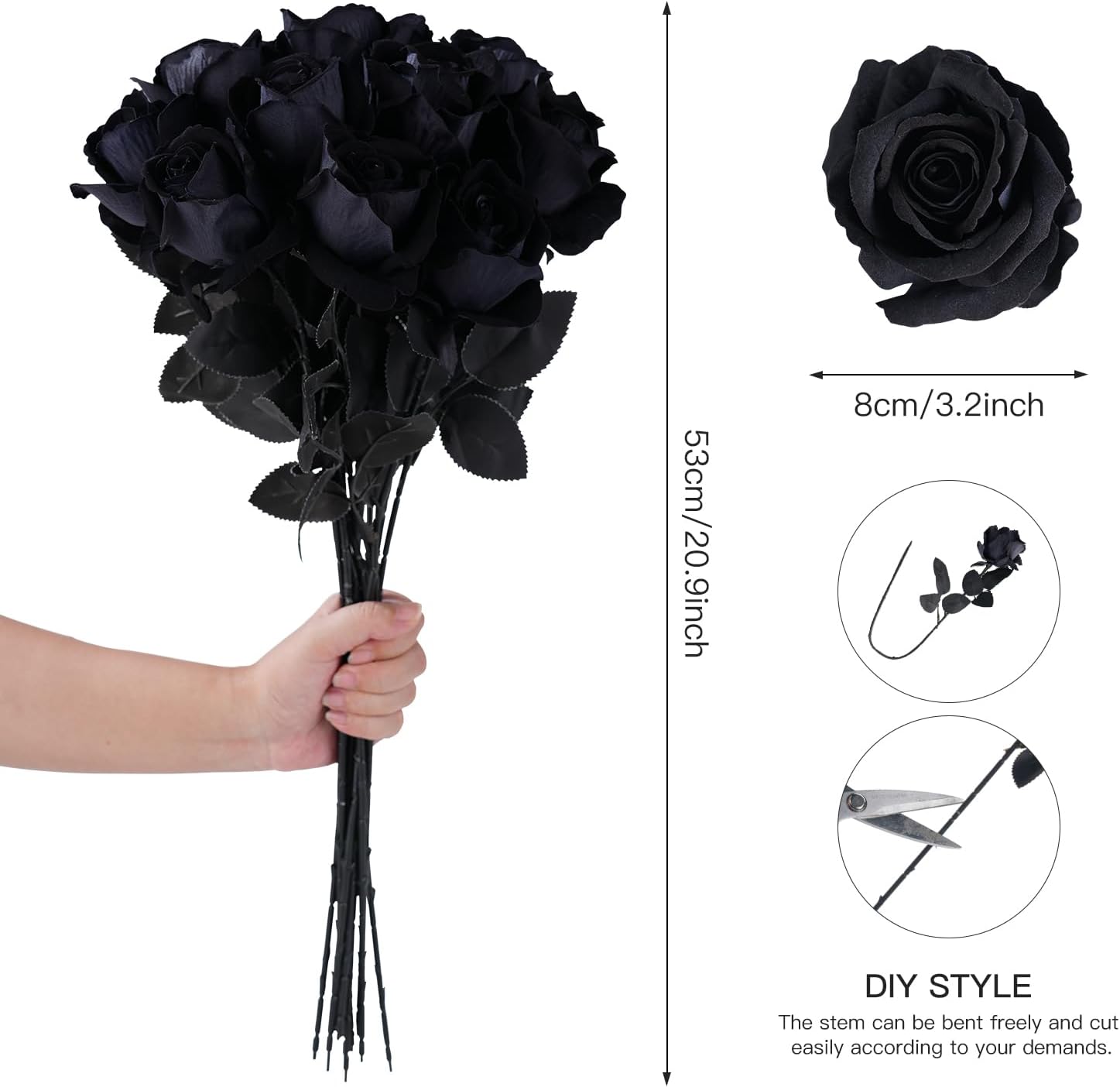 12 Pcs Black Roses Artificial Flowers with Long Stem