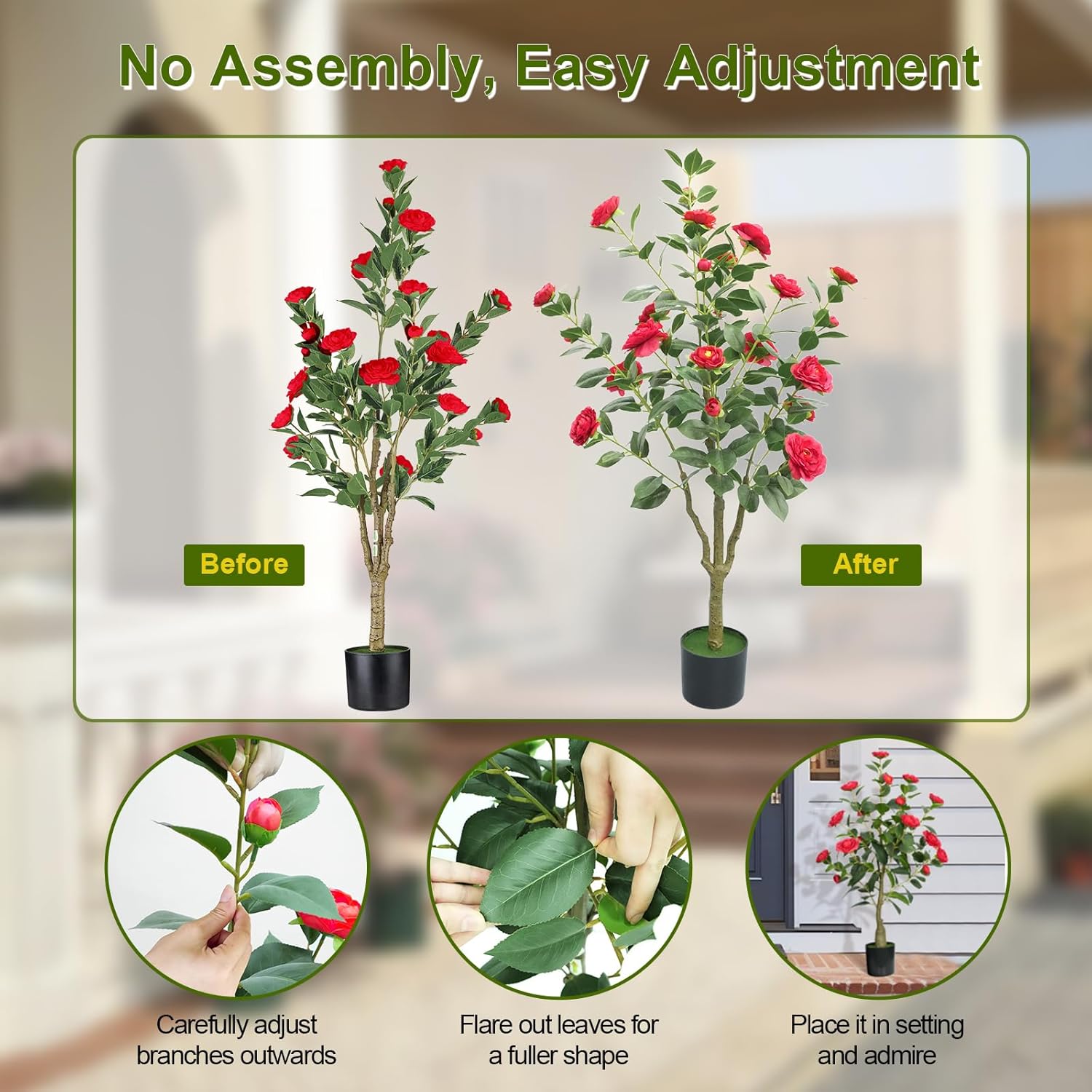 4ft Artificial Camellia Tree with White Silk Flowers - Set of 2