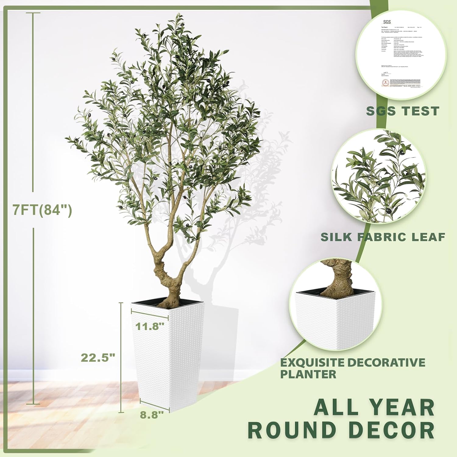 LYERSE Olive Tree 7 Feet Artificial with White Planter