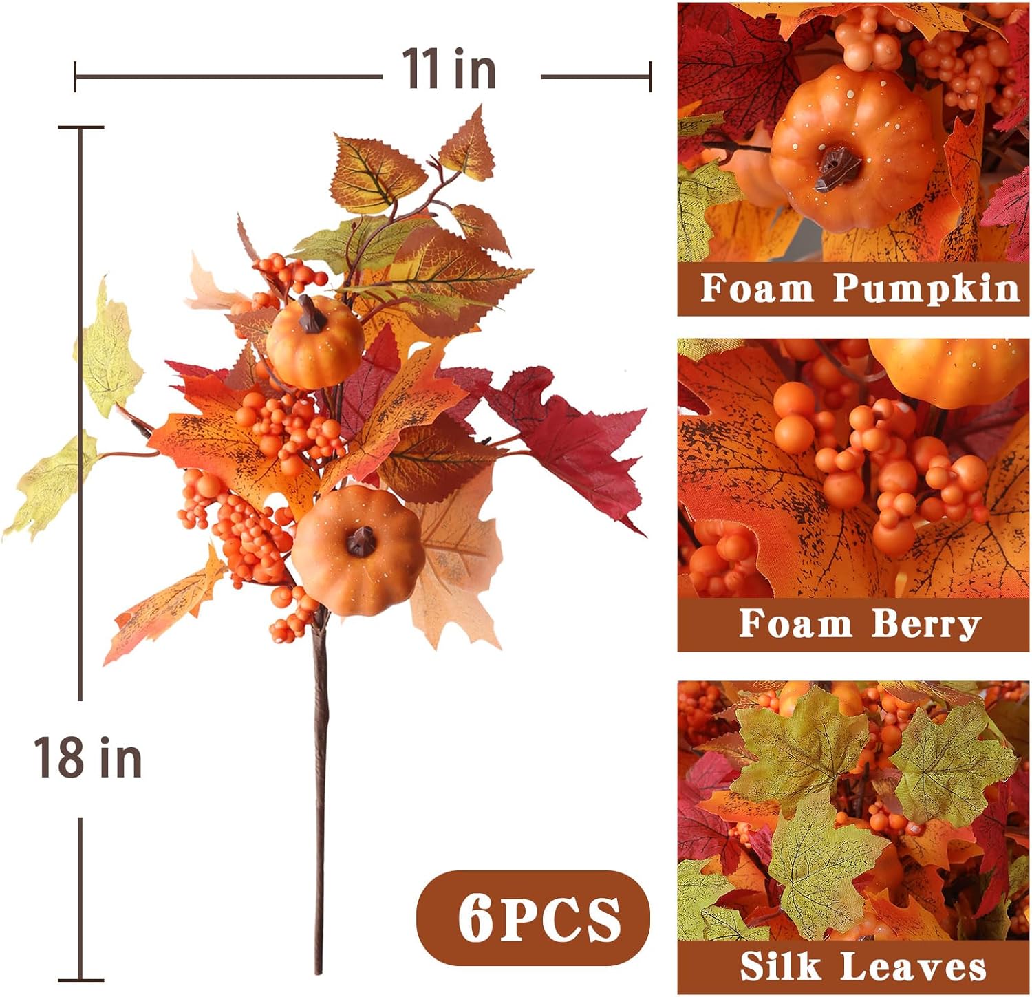 Mizii Autumn Decorations 6Pcs Maple Leaf Pumpkin Branch