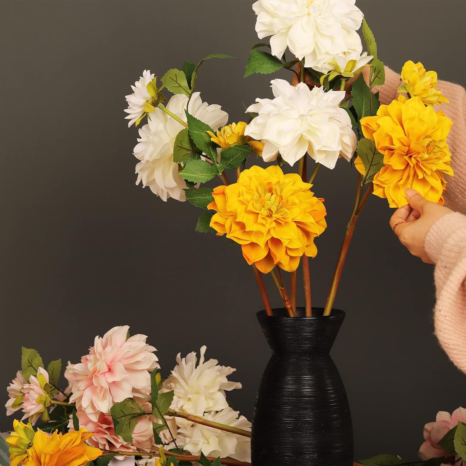 White Dahlia Artificial Flowers 24in Long Stem 5 Pcs