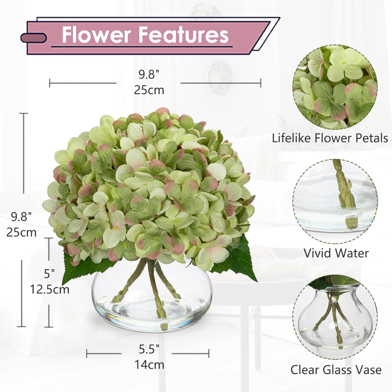Hollyone Artificial Hydrangea with Glass Vase Decor