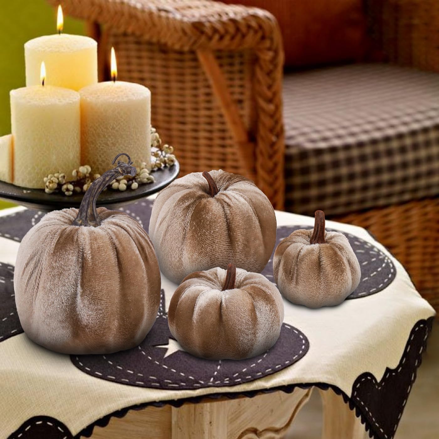 12Pcs Artificial Velvet Pumpkin Set Halloween Decor