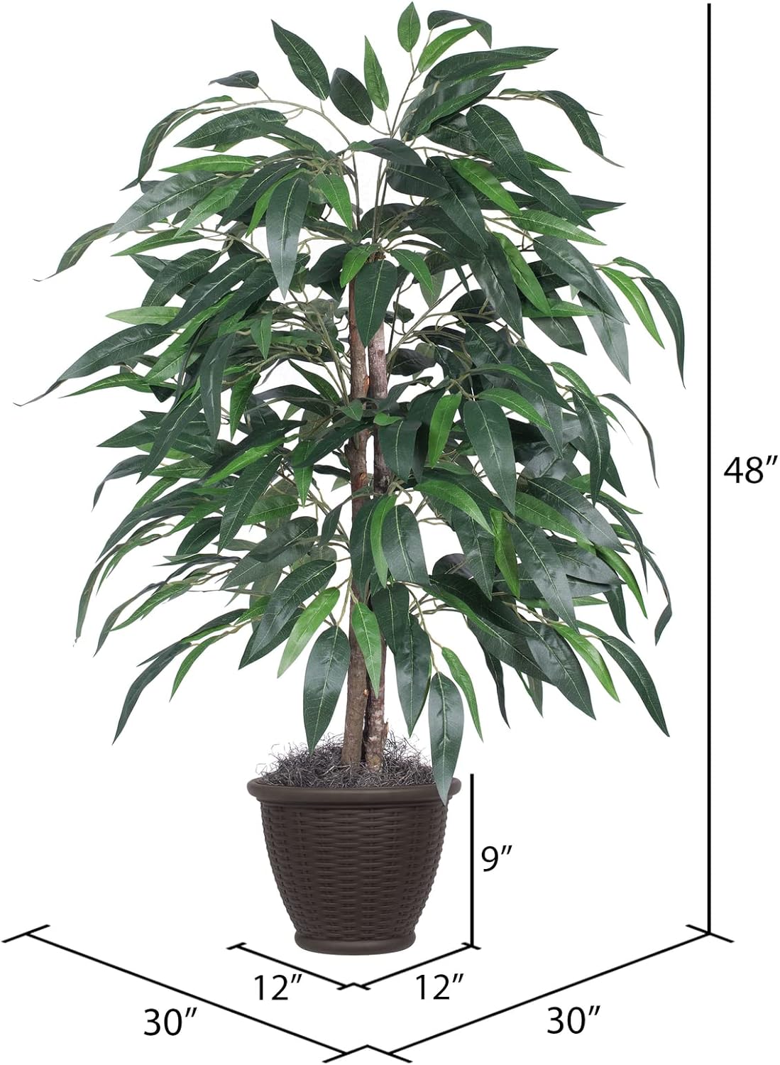 Vickerman 4 Foot Indoor Artificial Mango Bush with Rattan Container