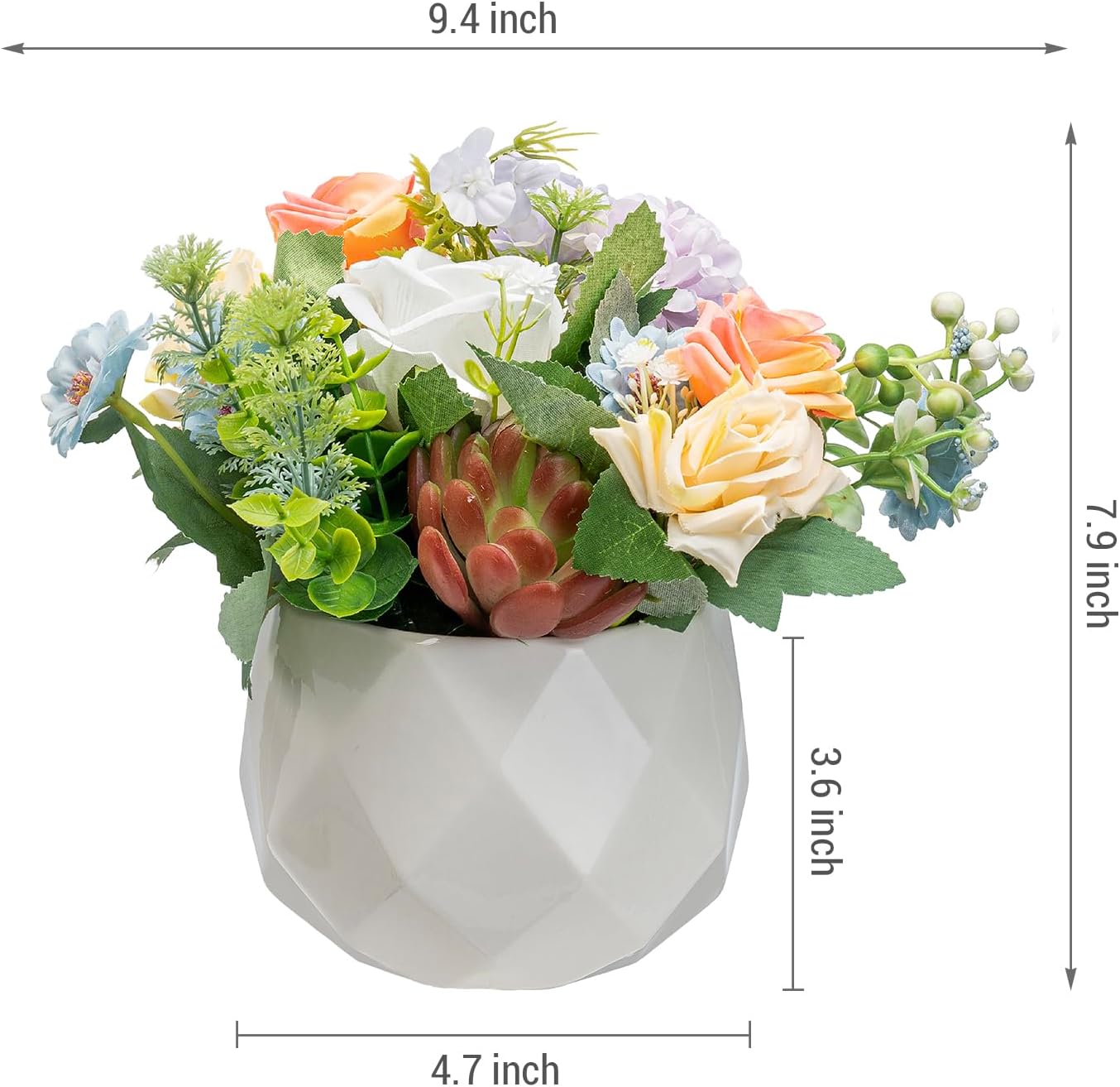 MyGift Artificial Pastel Rose with Succulent in White Ceramic Pot