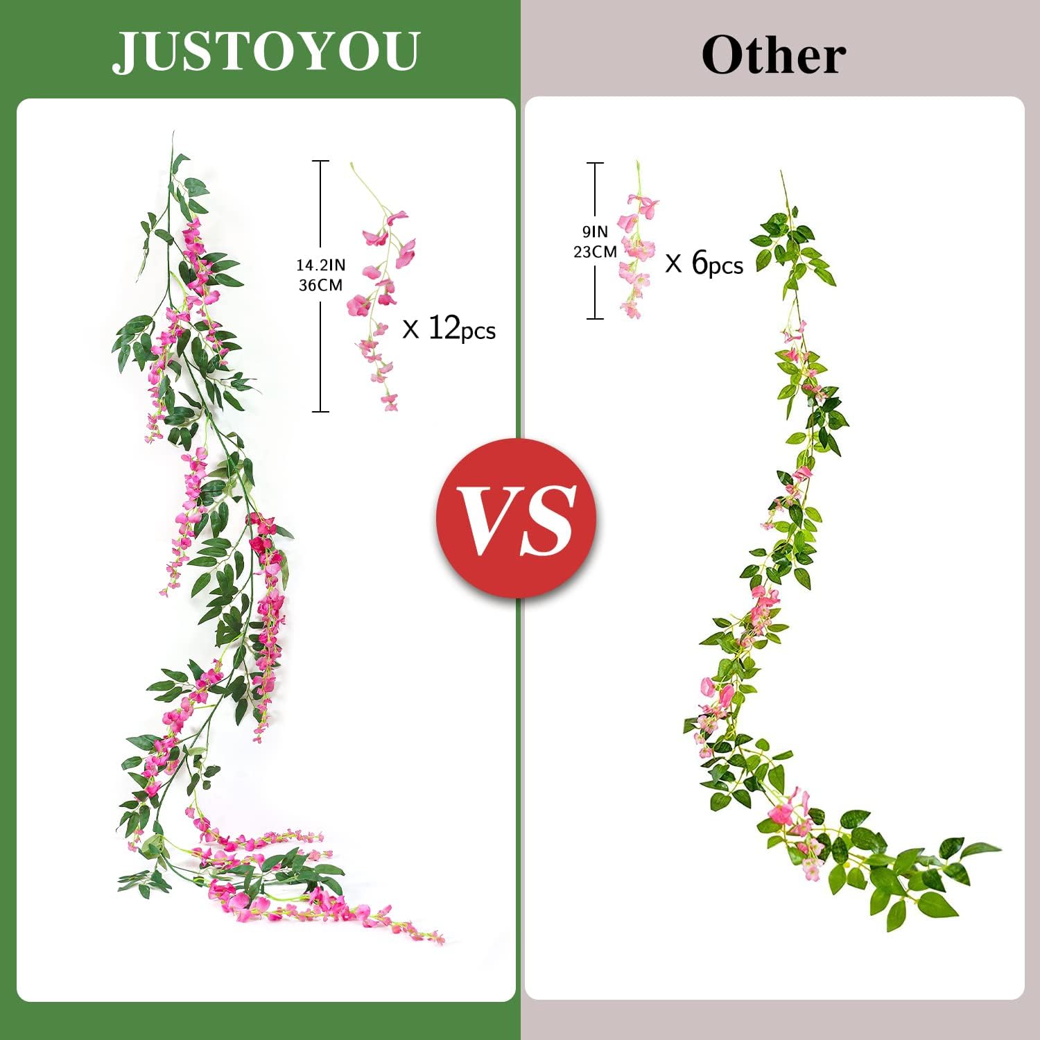 JUSTOYOU 3PCS Fuchsia Artificial Wisteria Garland