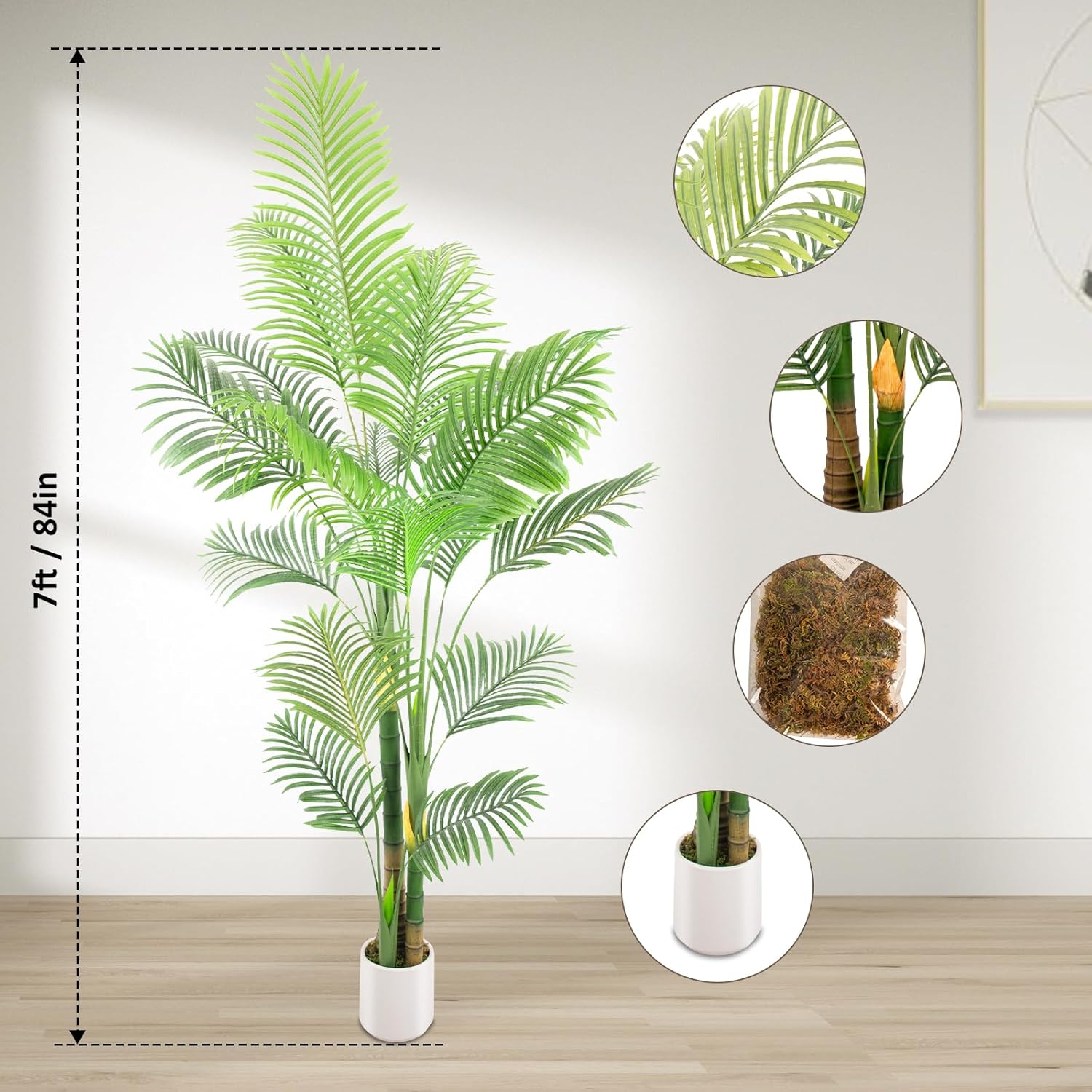 Lush Artificial Palm Tree 7FT with White Planter and Free Moss