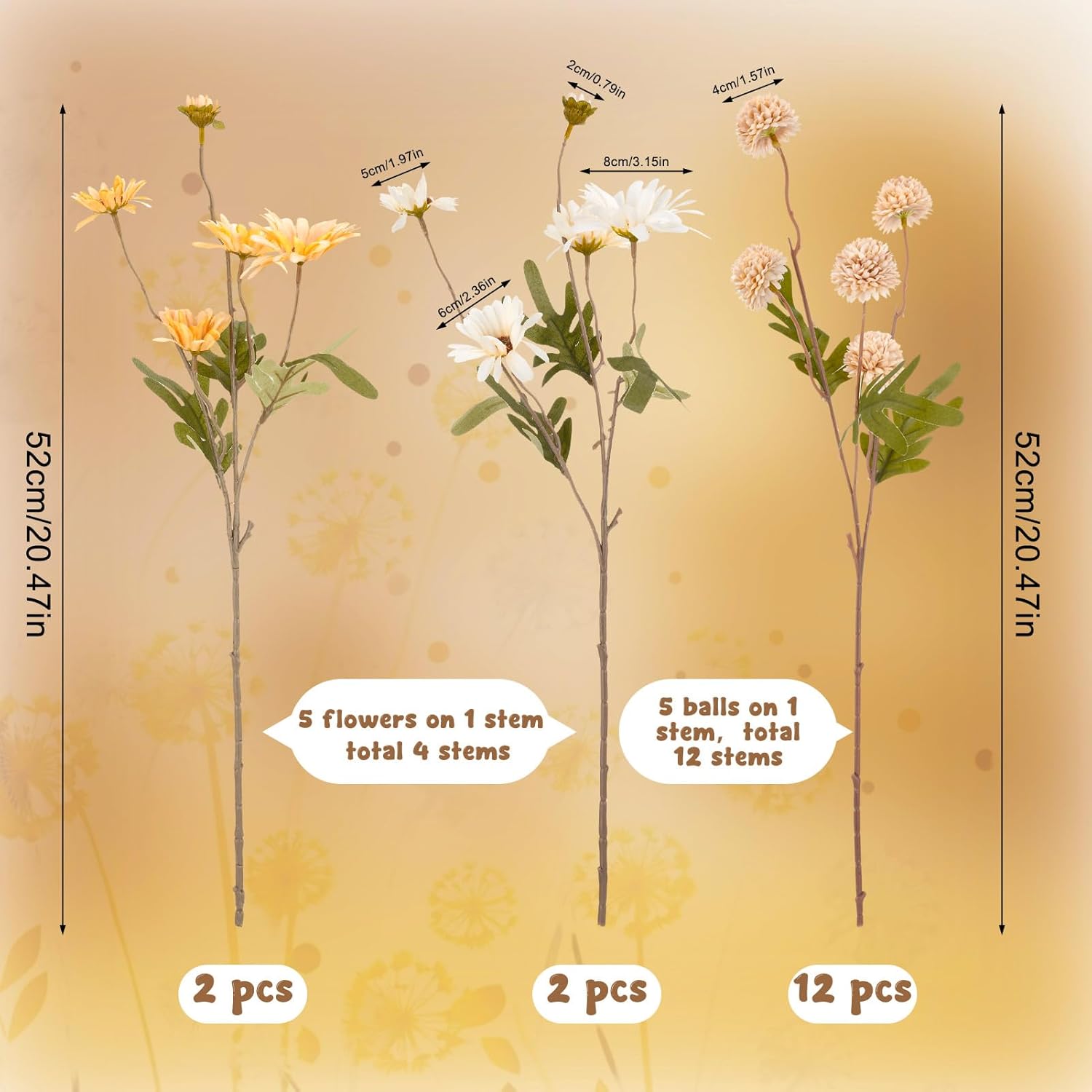 16 Pcs Realistic Dandelion and Chrysanthemum Stems for Wedding Centerpieces