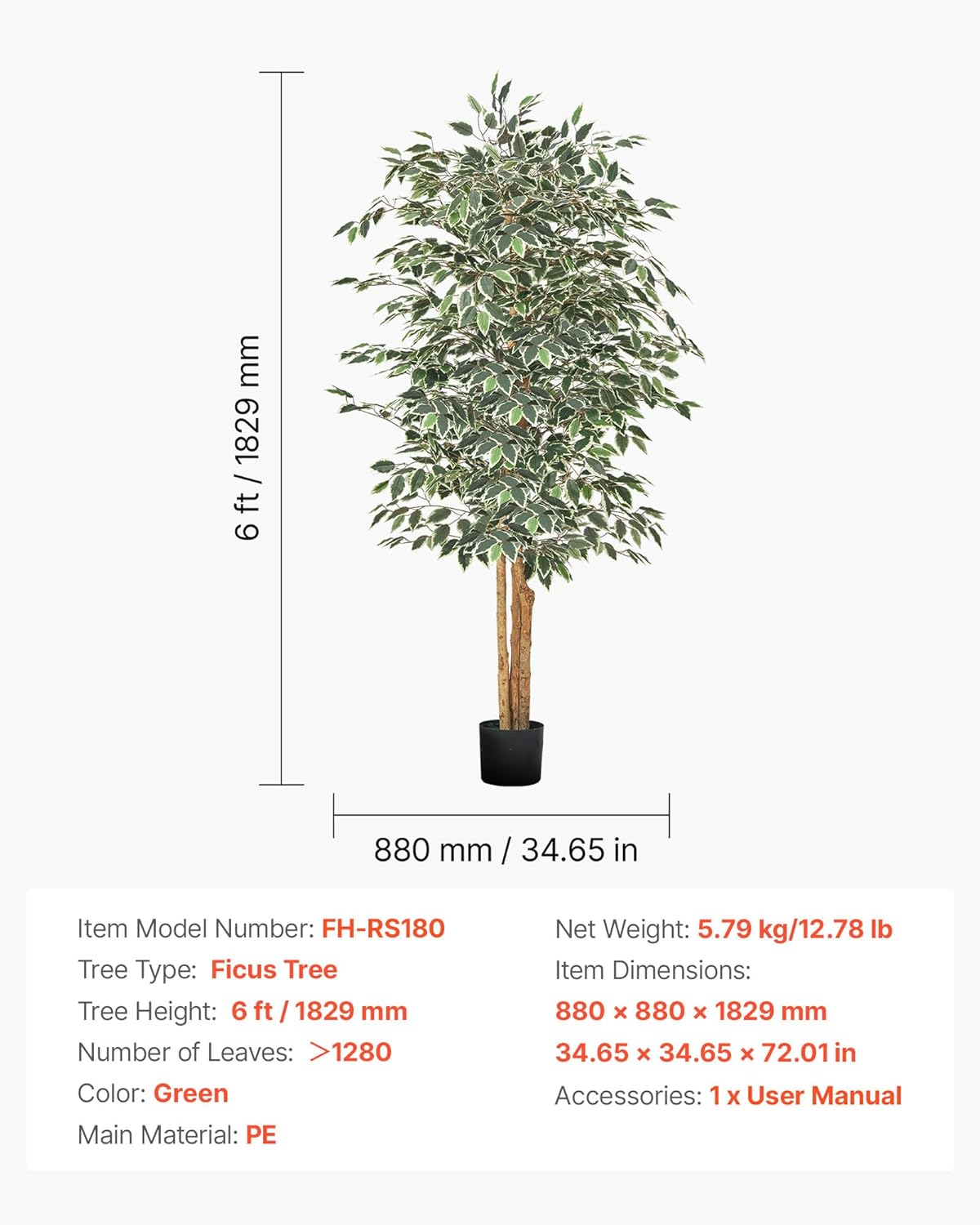 VEVOR 6FT Artificial Ficus Tree with Black Pot
