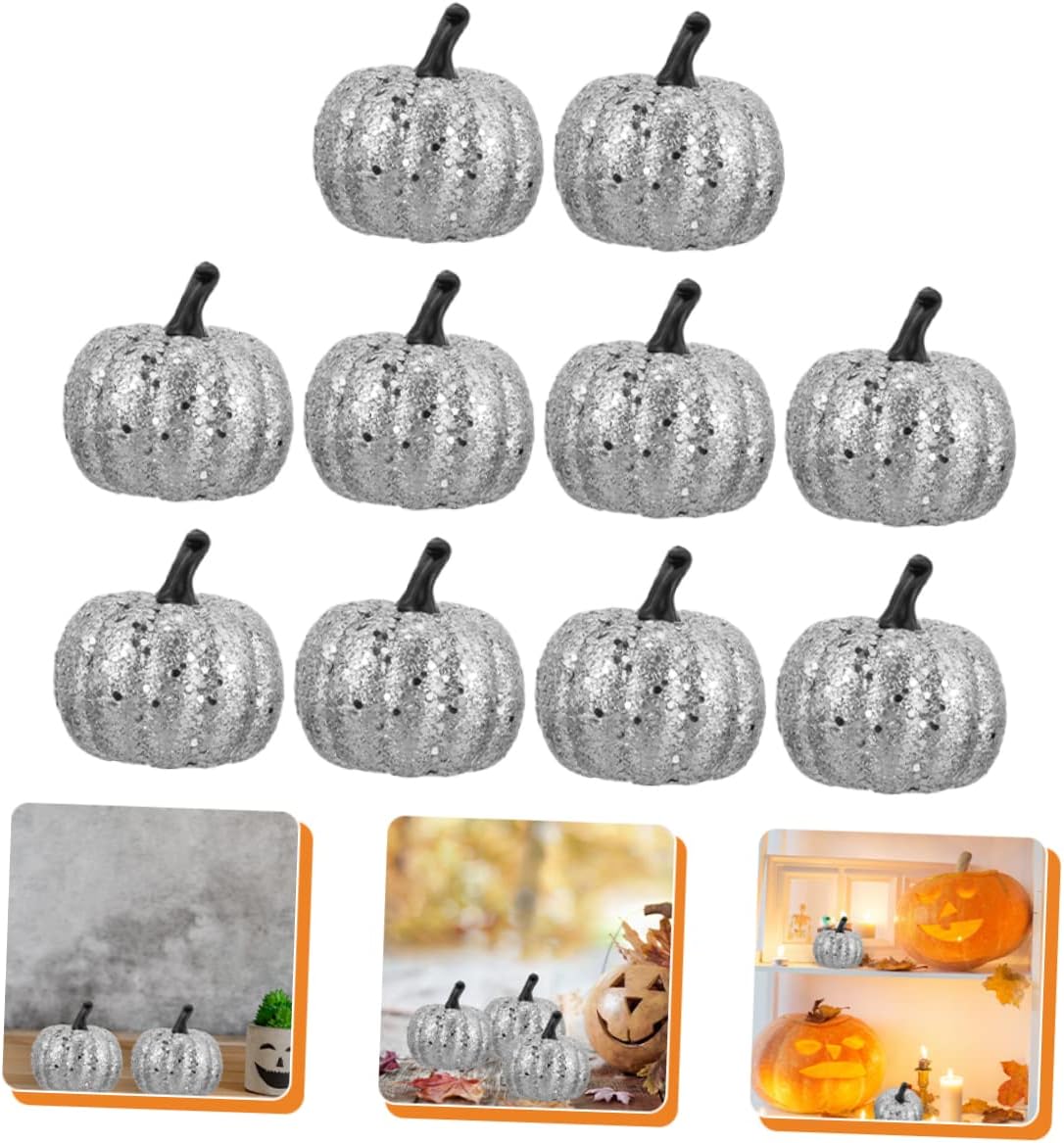 10pcs Foam Silver Glitter Pumpkins Artificial Fall Decor
