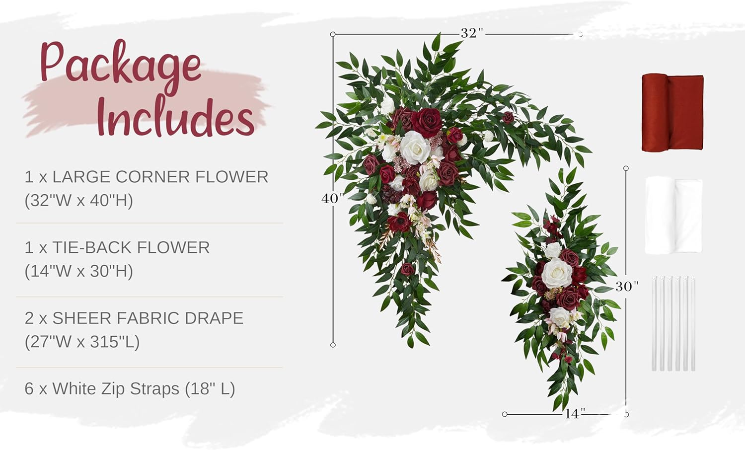 WEDFLOR Wedding Arch Flowers with Drapes Kit - Pack of 4