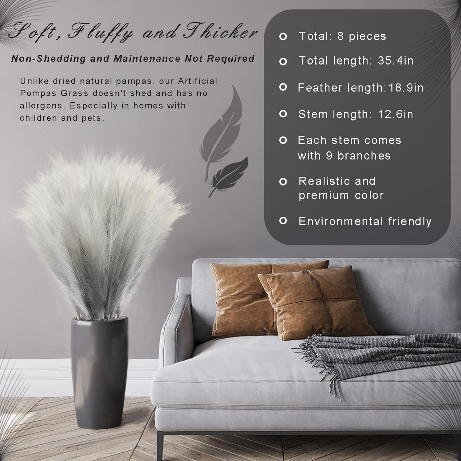 8Pcs 3FT Grey Faux Pampas Grass for Boho Decor