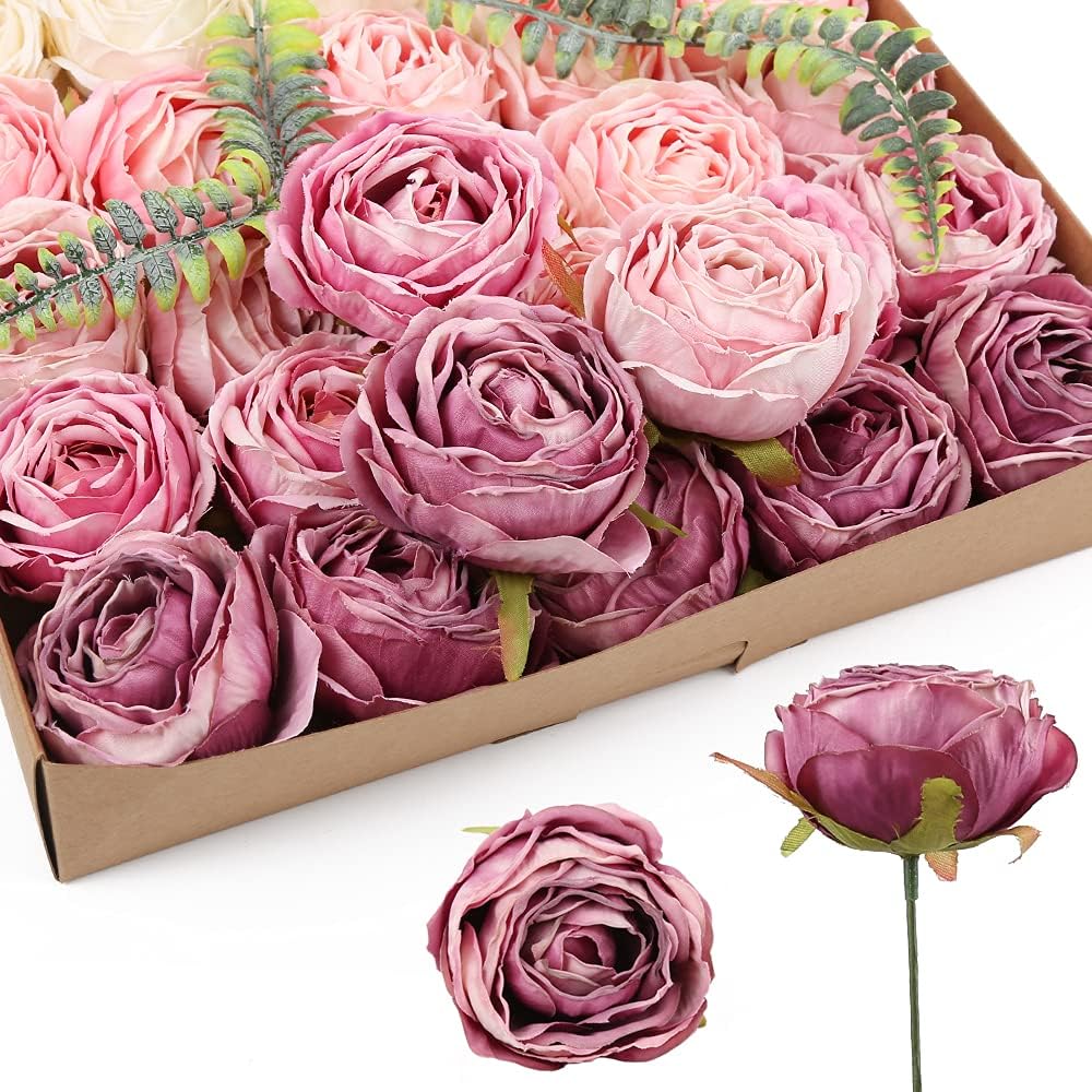 IPOPU Purple and Light Pink Dried Silk Roses 25PCS