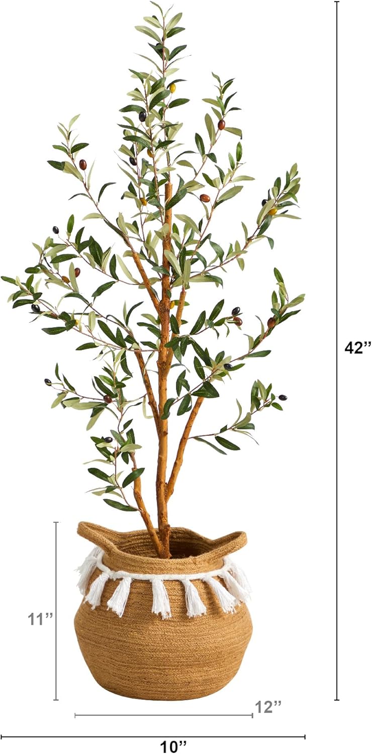 Nearly Natural 35ft Artificial Olive Tree with Jute Cotton Basket and Tassels
