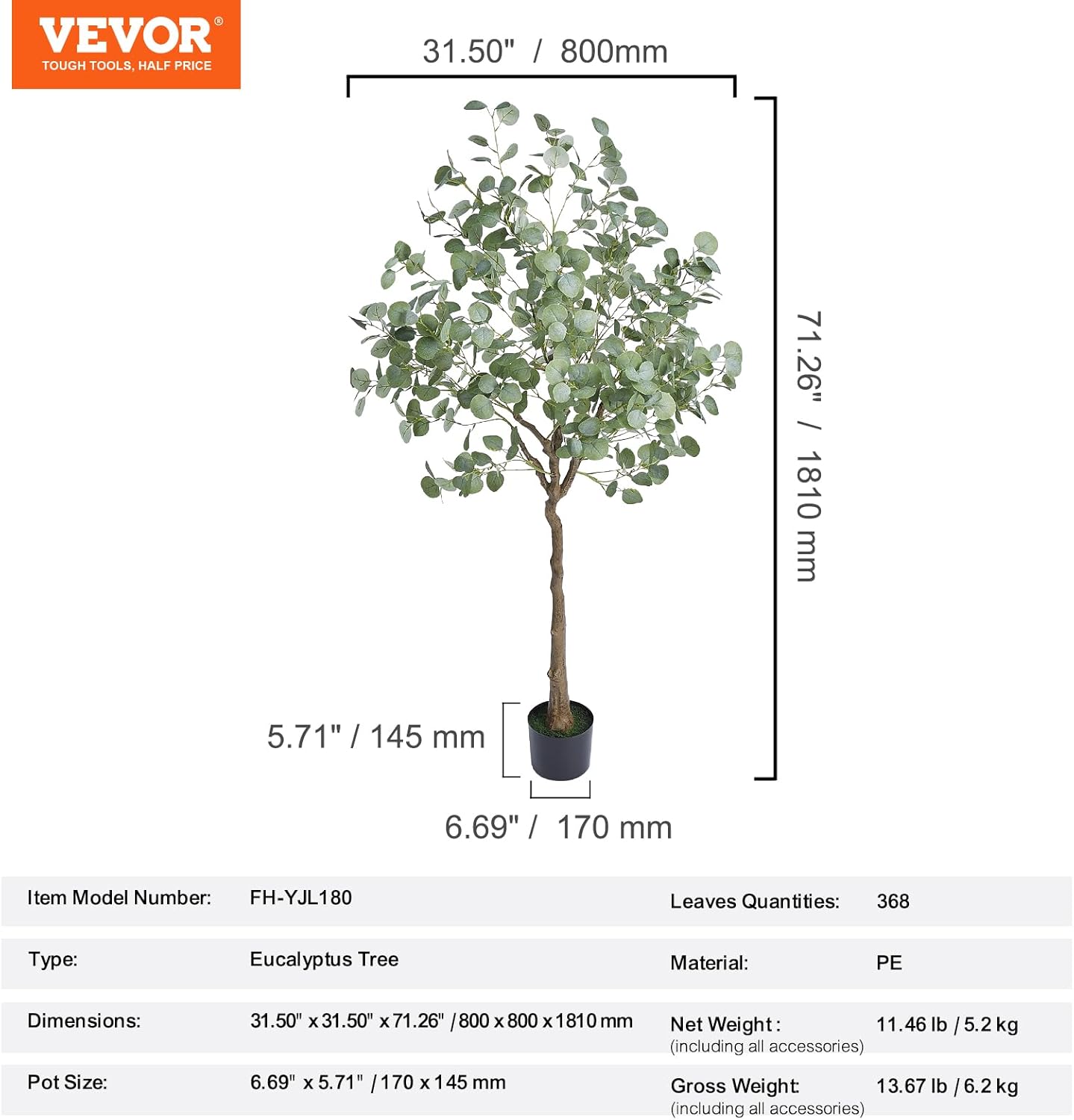 VEVOR 6 FT Artificial Eucalyptus Tree with PE Material and Anti-Tip Protection