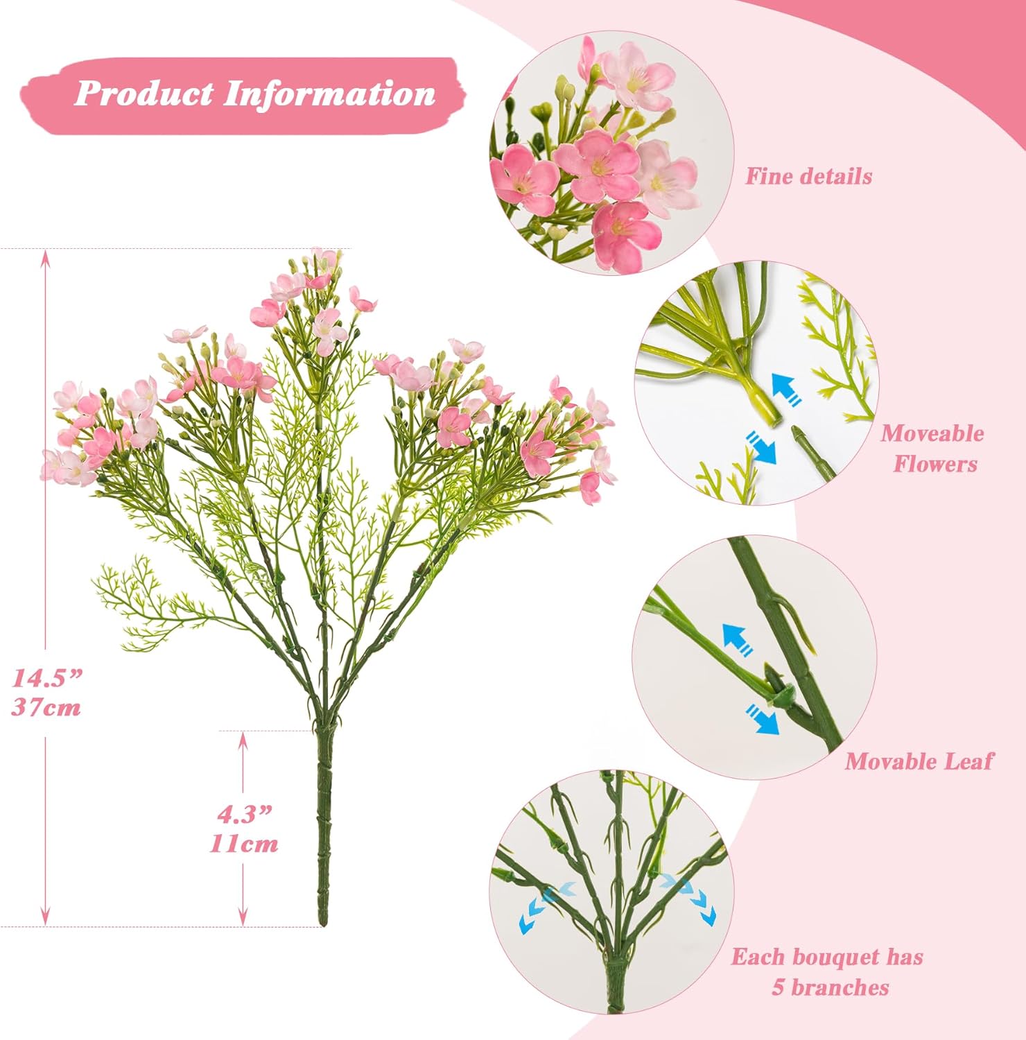 UV Resistant Plastic Hydrangea Flowers 4pcs Pink