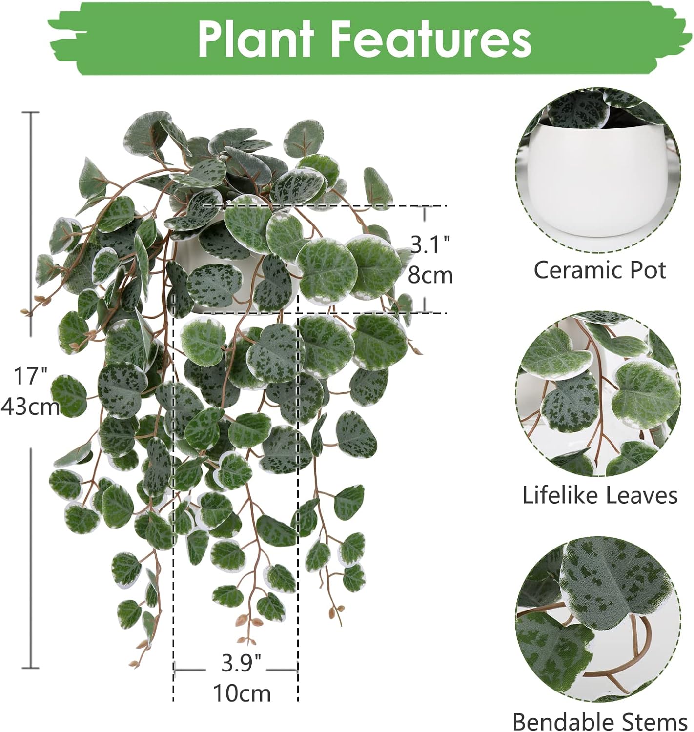 Briful Artificial String of Hearts Plants 16 with Ceramic Pot