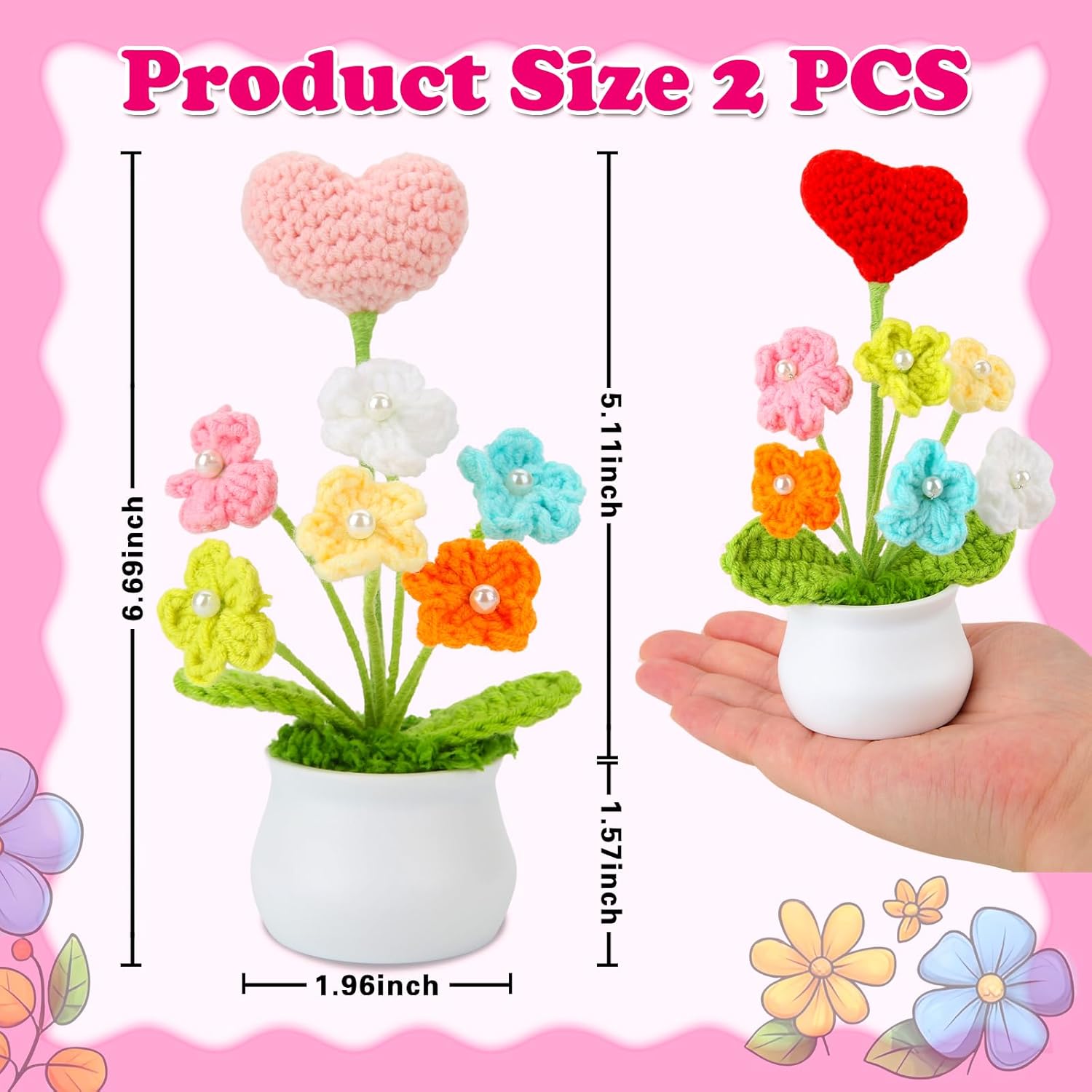 2 Pcs Heart Crochet Flowers Decor Set
