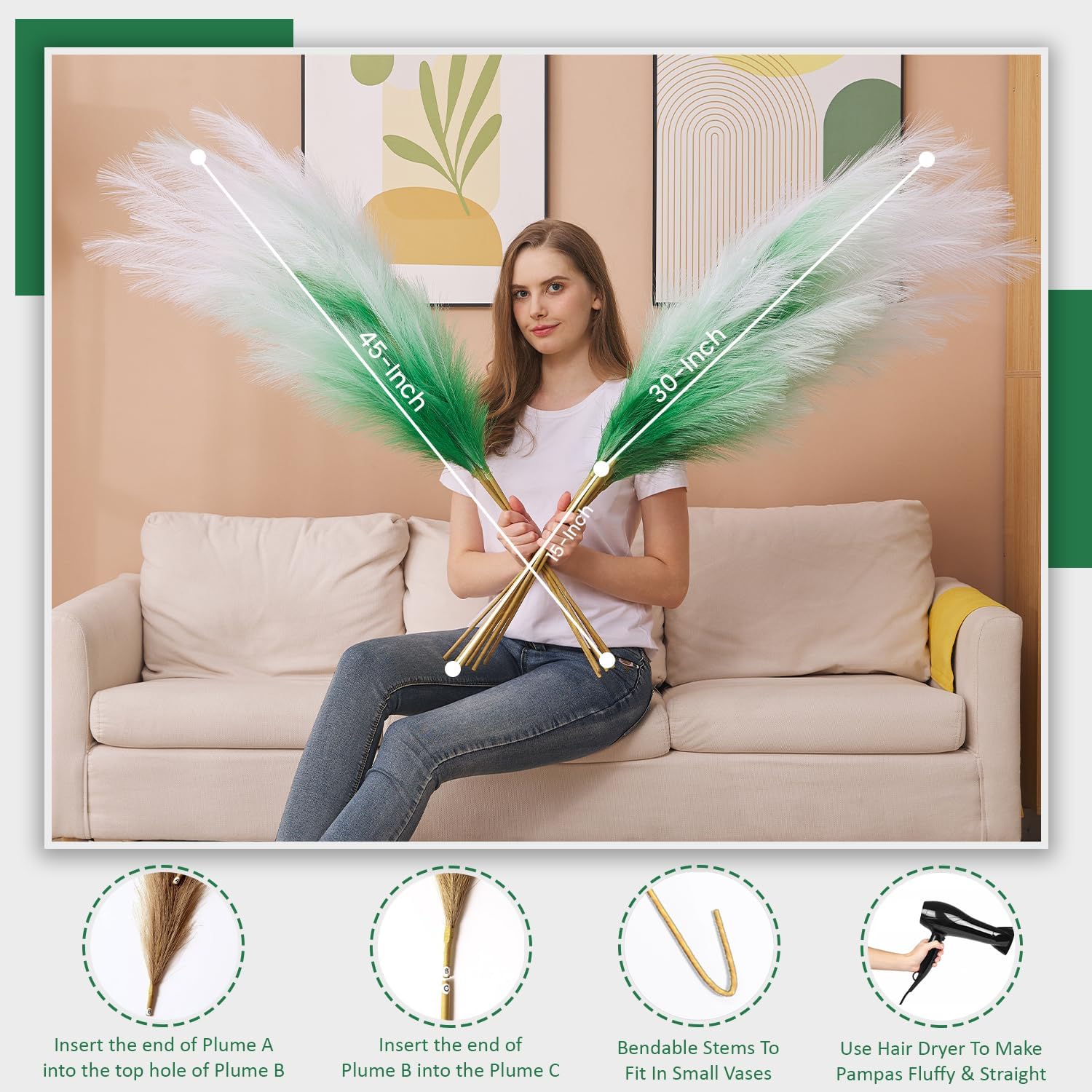 7 Pcs 45 In Faux Pampas Grass Green Gradient