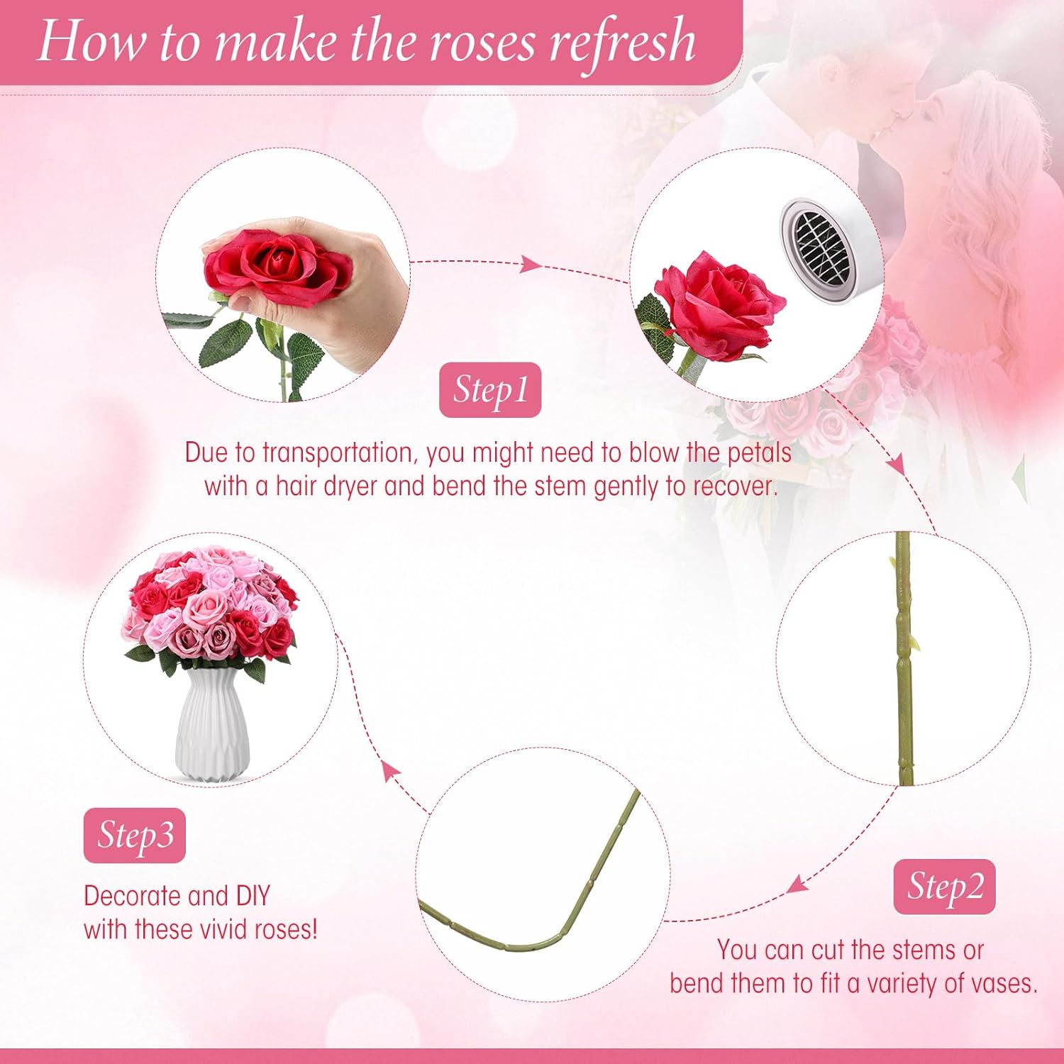 Hotop 40 Pcs Gradient Pink Silk Roses Bulk for Home Wedding Centerpieces