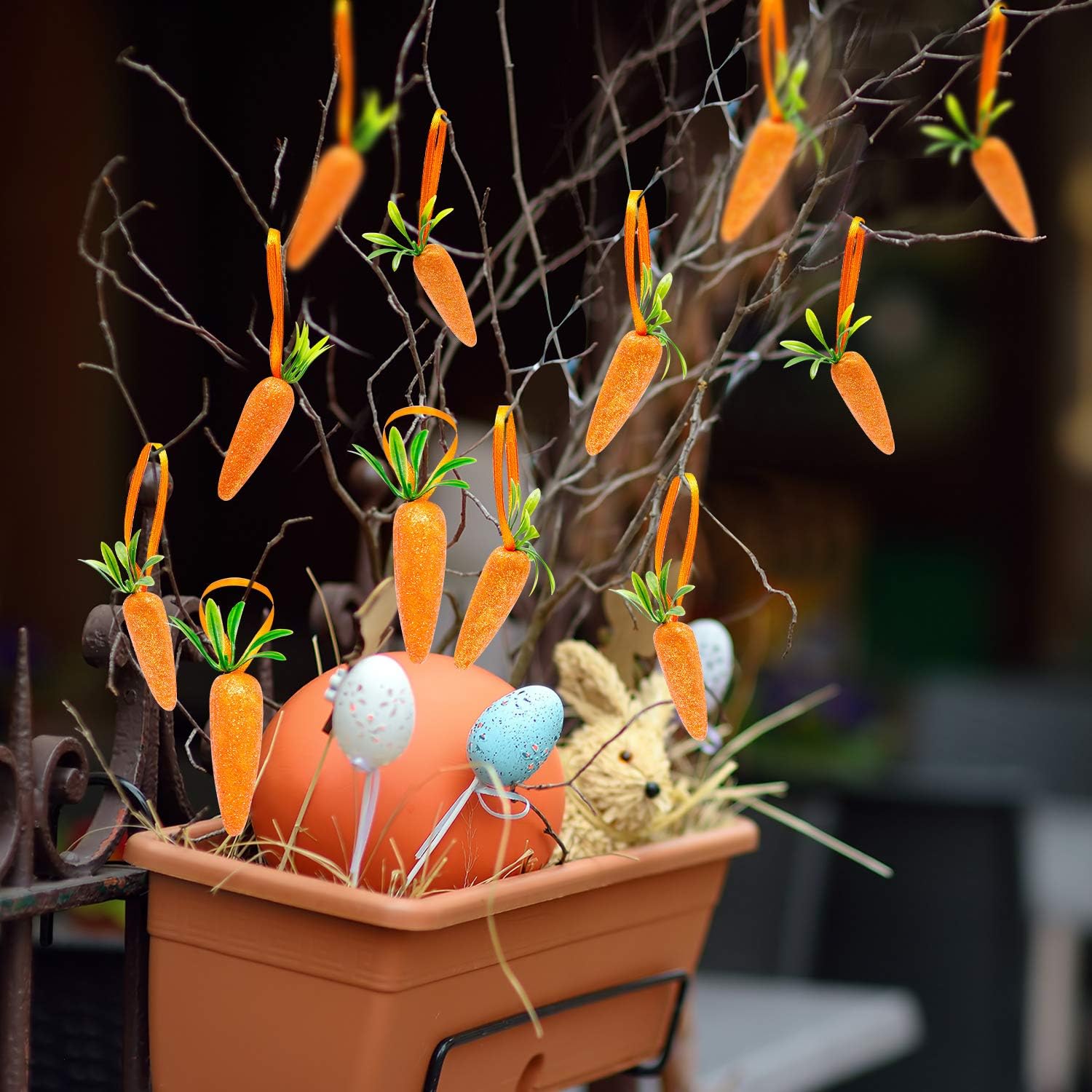 Easter Carrot Hanging Ornaments 12Pcs Glitter Artificial Carrots
