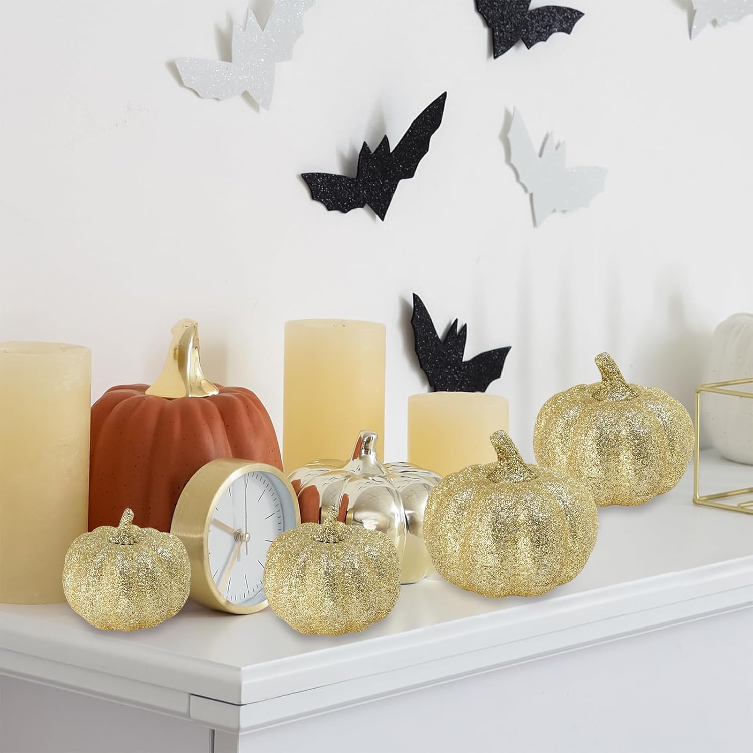 Winlyn 12 Pcs Champagne Glitter Artificial Pumpkins Fall Decor