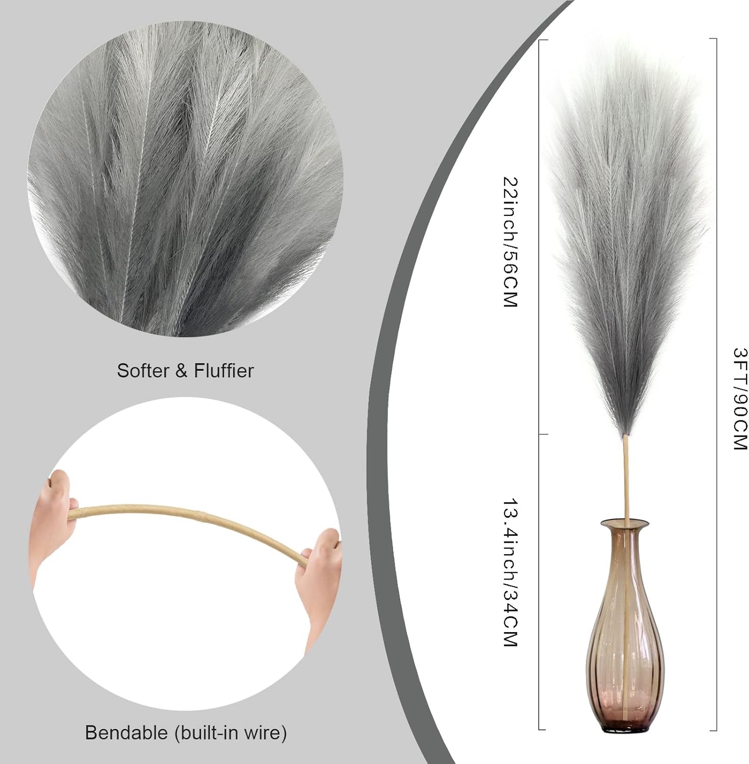 8Pcs 3FT Grey Faux Pampas Grass for Boho Decor