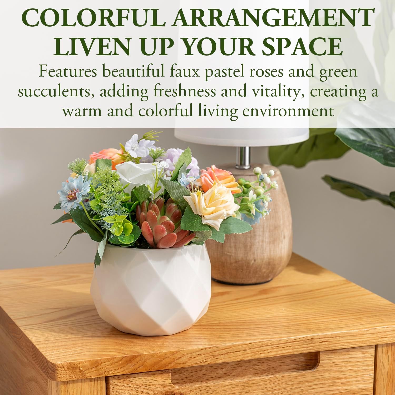 MyGift Artificial Pastel Rose with Succulent in White Ceramic Pot