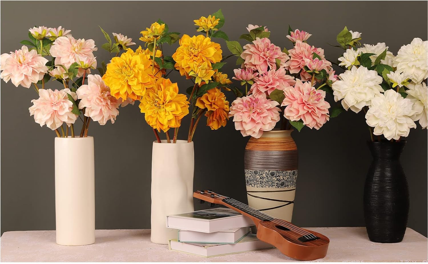 White Dahlia Artificial Flowers 24in Long Stem 5 Pcs