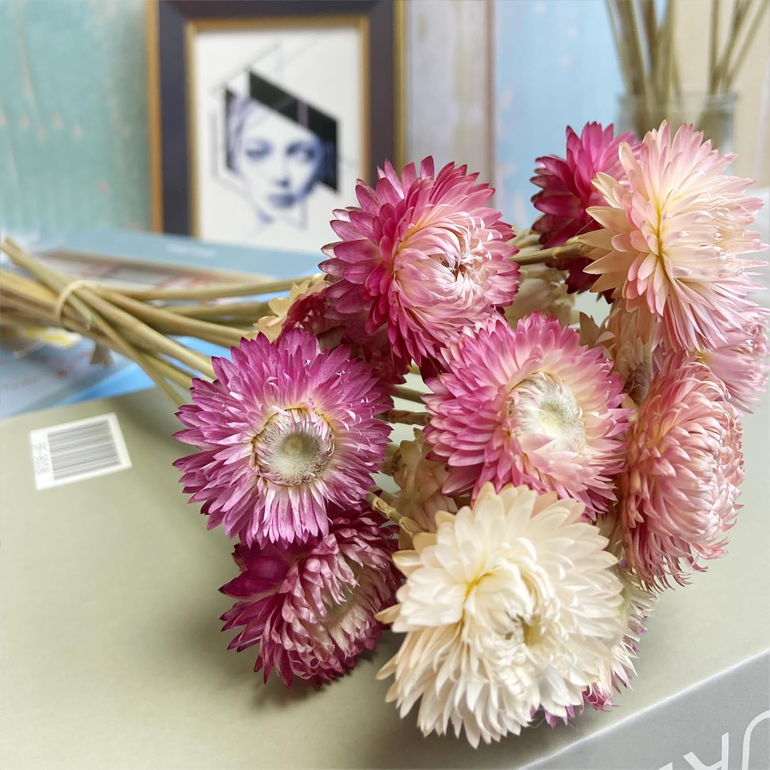 LBREVOGA Dried Flower Bouquets 16 Piece Pink White