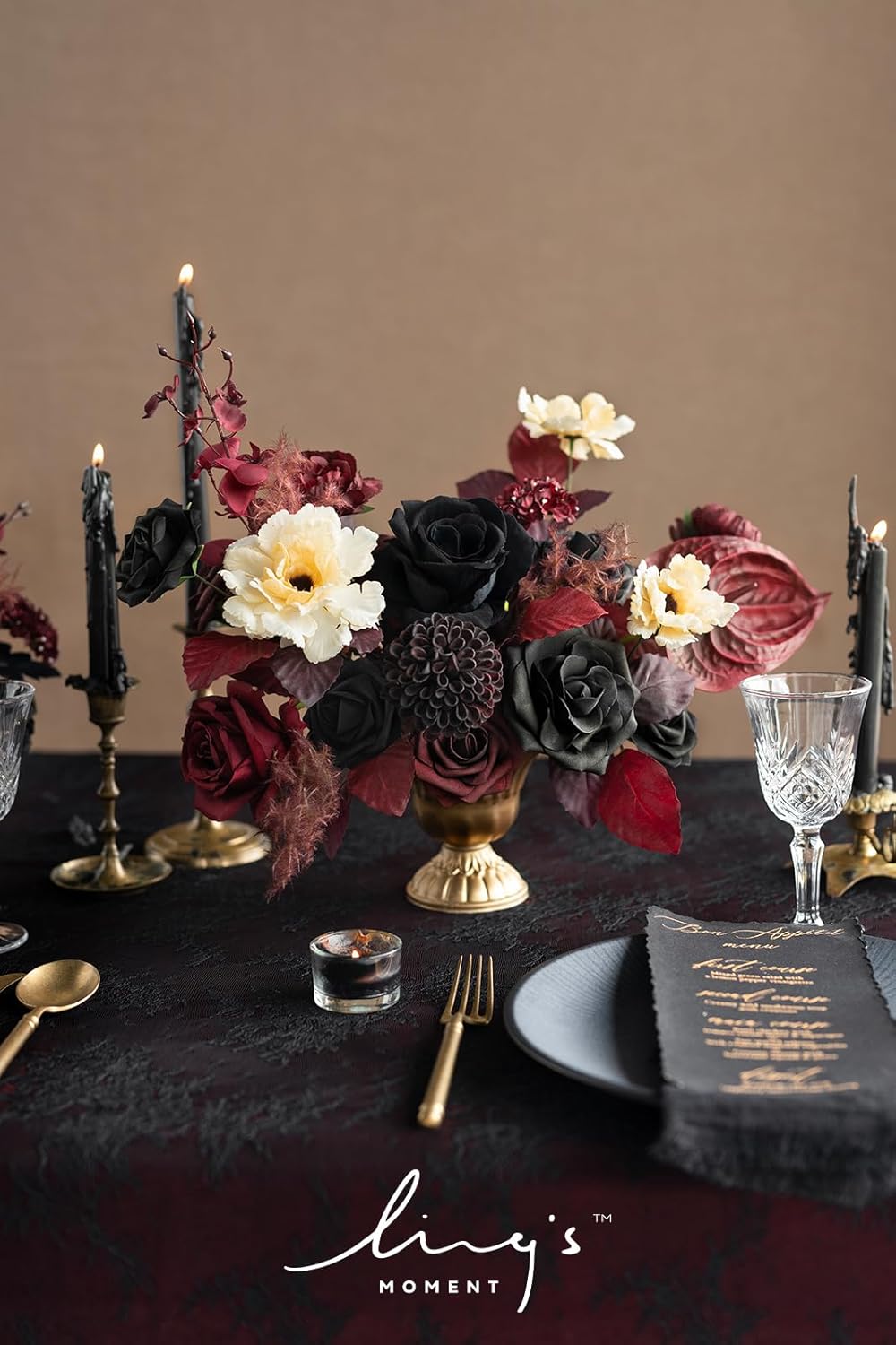 Lings Moment Moody Burgundy Black Artificial Flowers Set