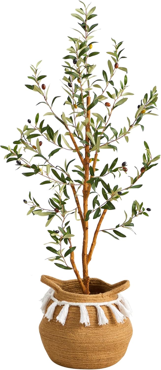 Nearly Natural 35ft Artificial Olive Tree with Jute Cotton Basket and Tassels