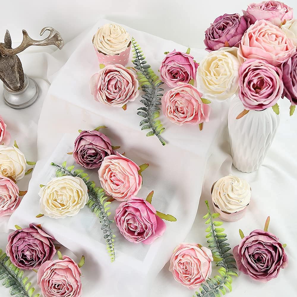 IPOPU Purple and Light Pink Dried Silk Roses 25PCS